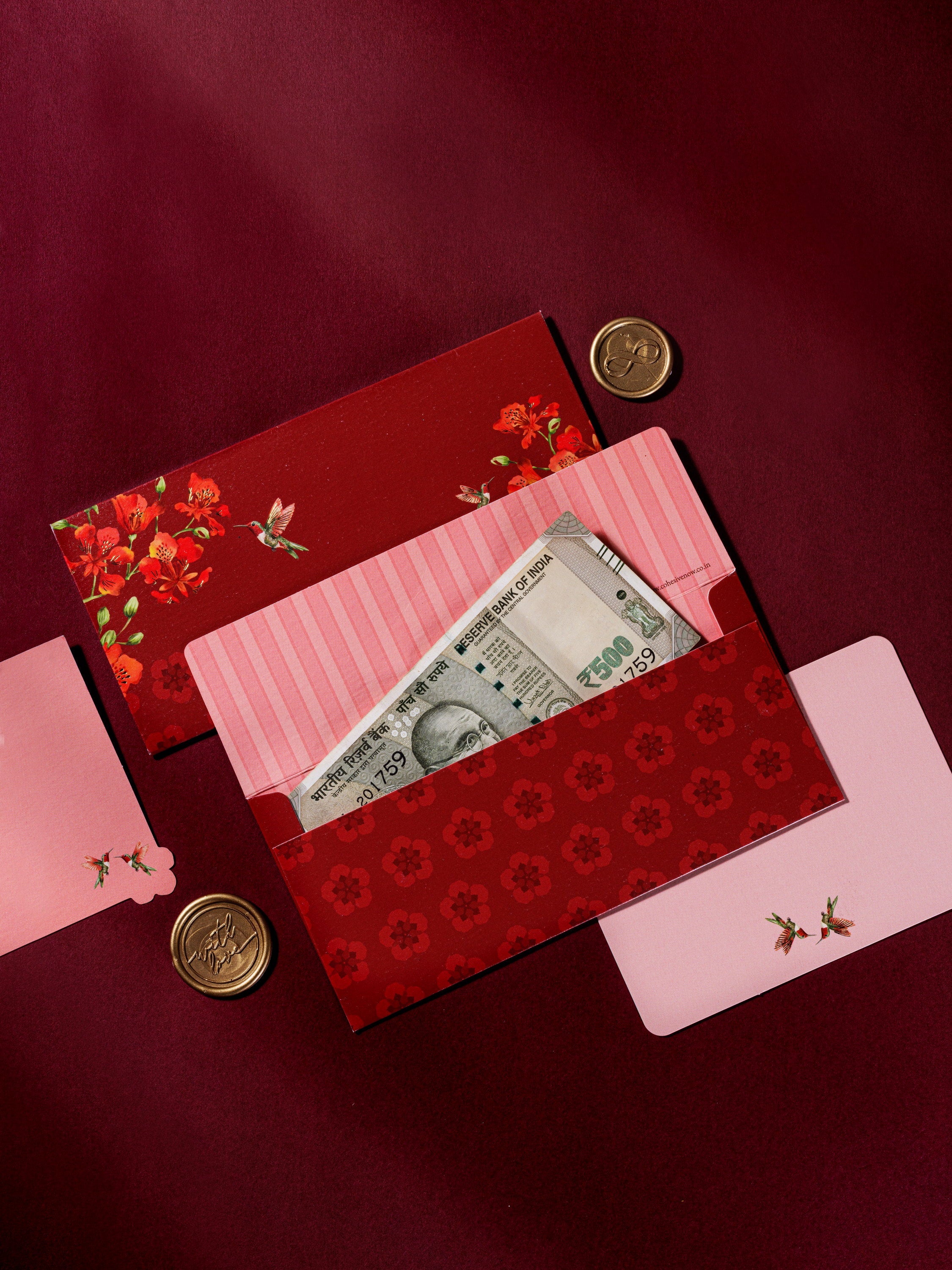 Blossom Notes money envelopes in deep red with flame flowers