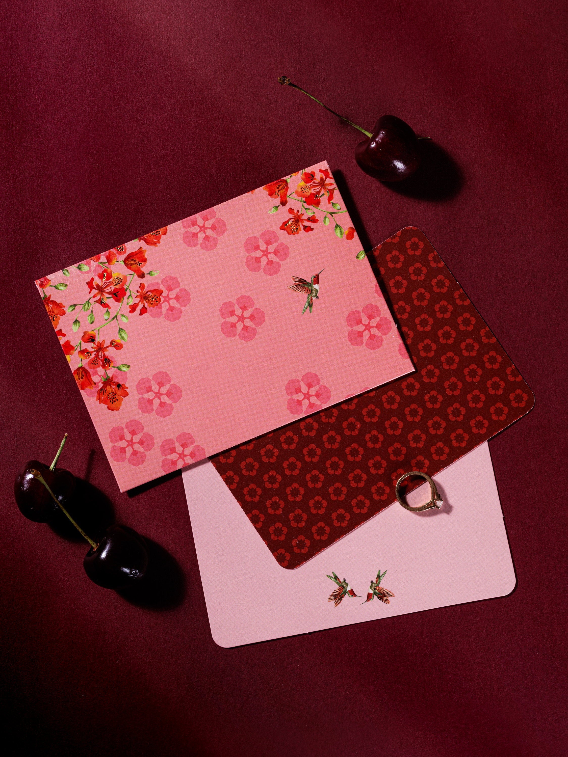 Blossom Notes thank-you cards in deep red with flame flowers