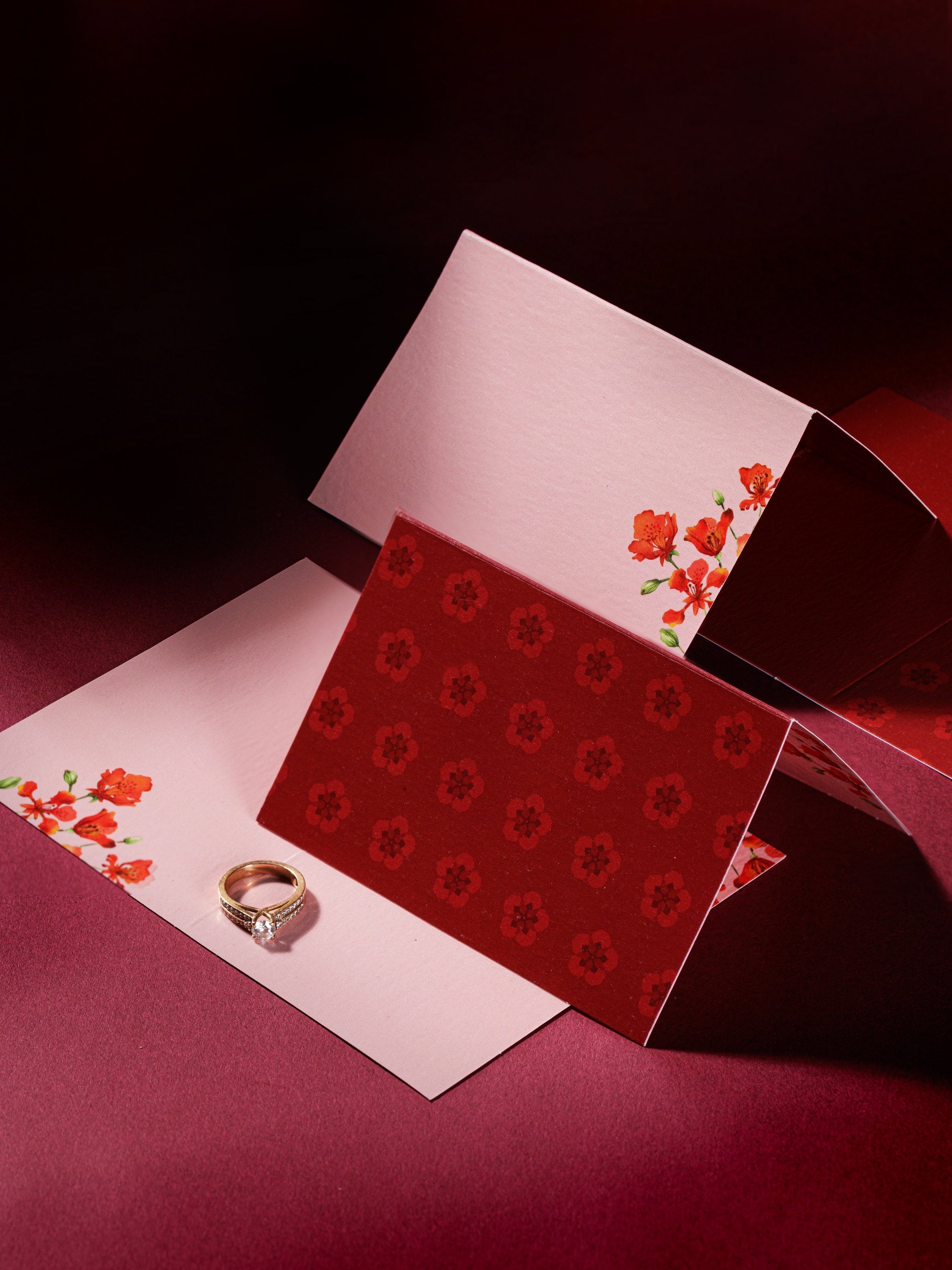 Blossom Notes thank-you cards in deep red with flame flowers