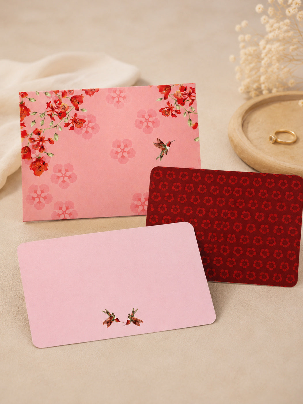 Blossom Notes thank-you cards with envelopes — lifestyle flat-lay with envelope and cards