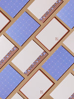 Coastal Escape thank-you cards in blue and maroon shell motifs