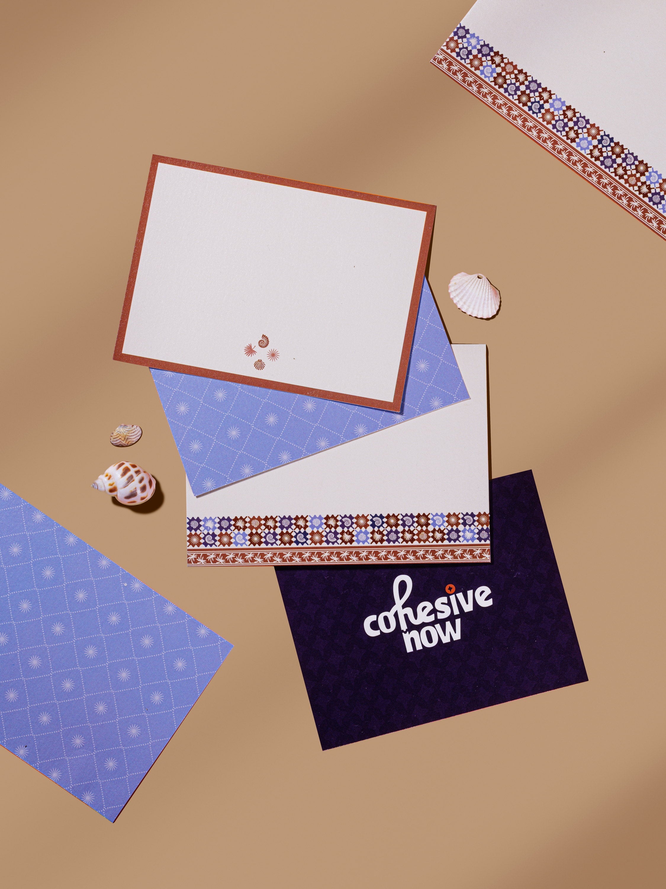 Coastal Escape thank-you cards in blue and maroon shell motifs