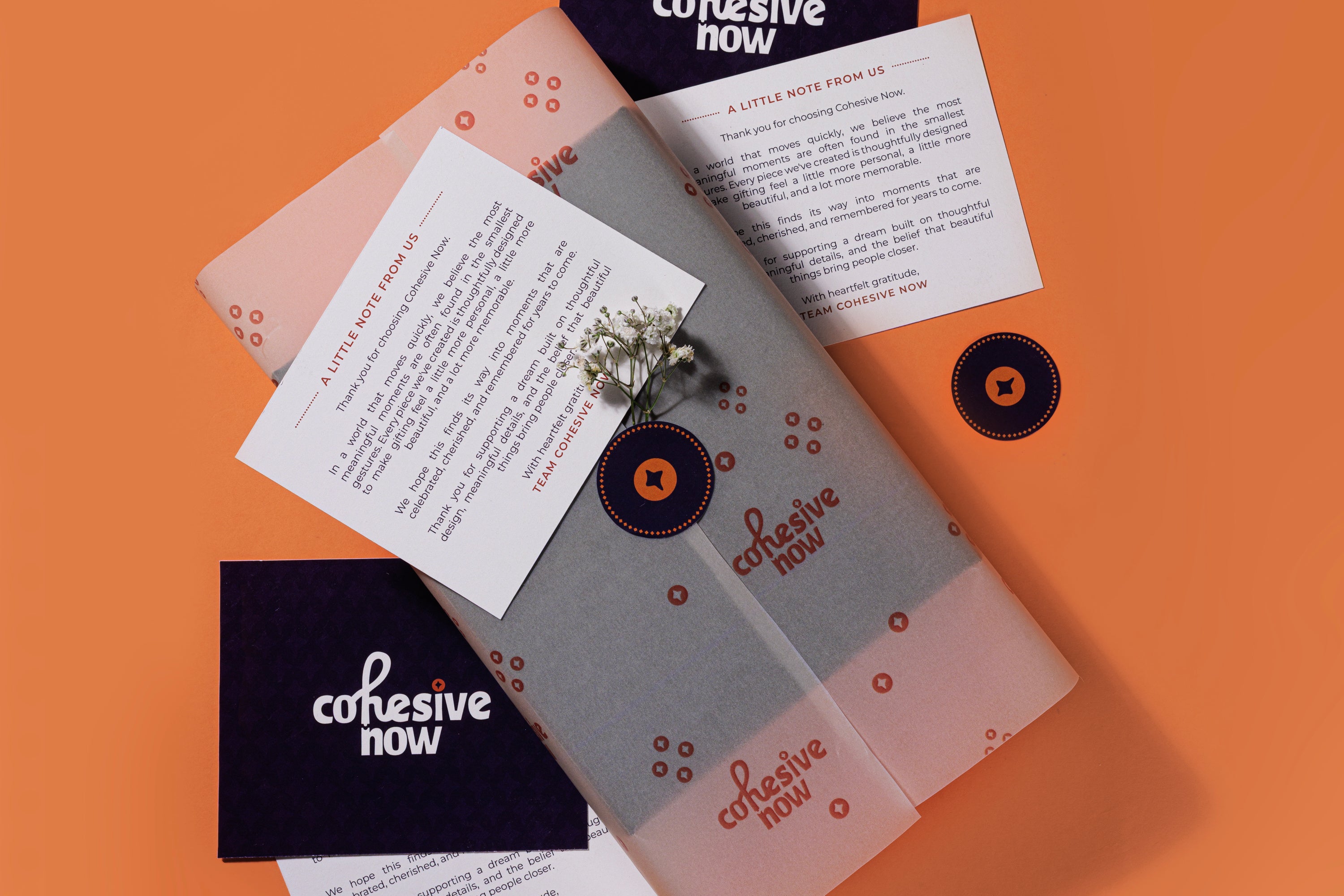 CohesiveNow packaging with brand cards and a little note from us
