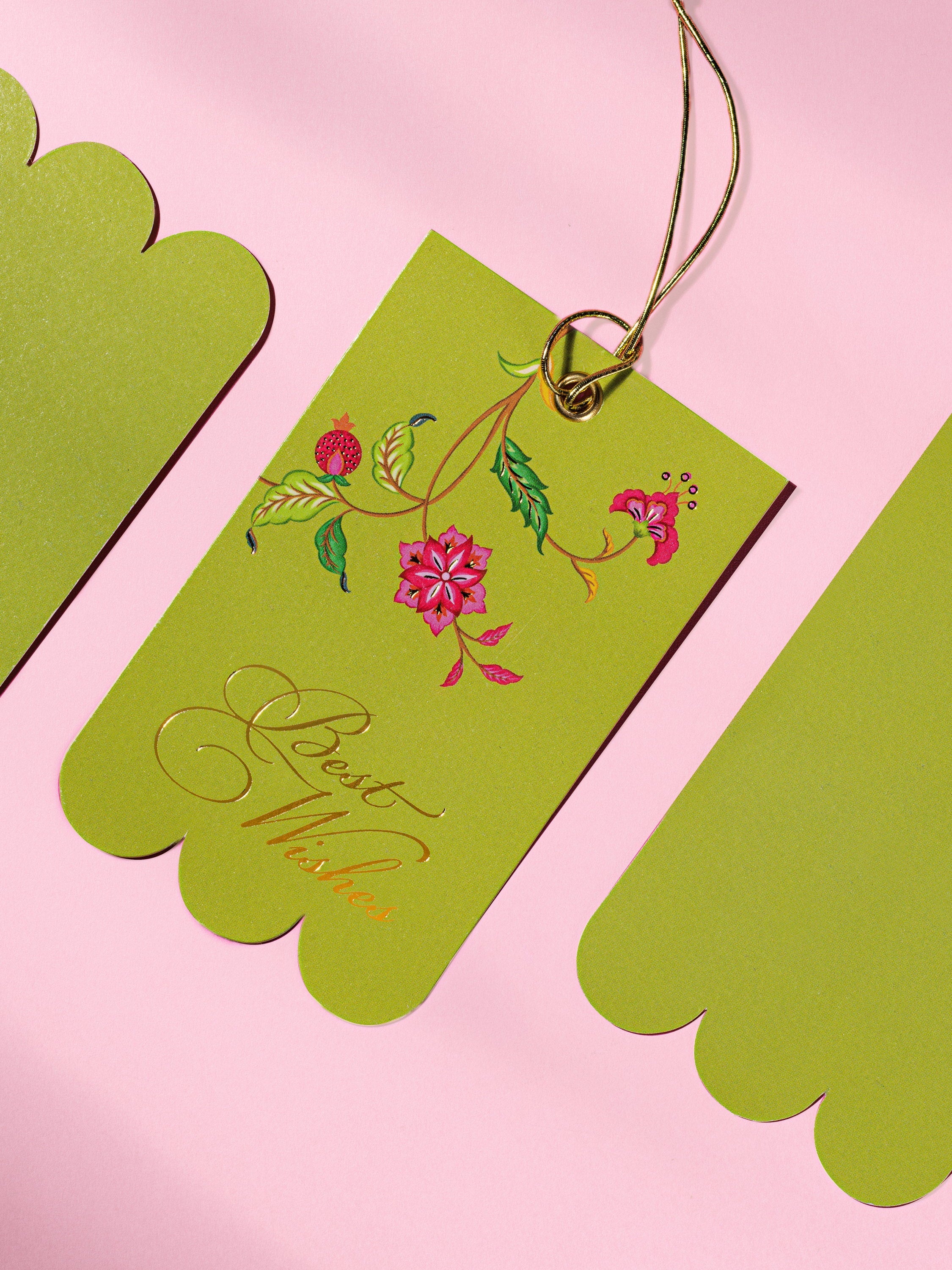 Summer Bloom gift tags with gold-foiled Best Wishes lettering