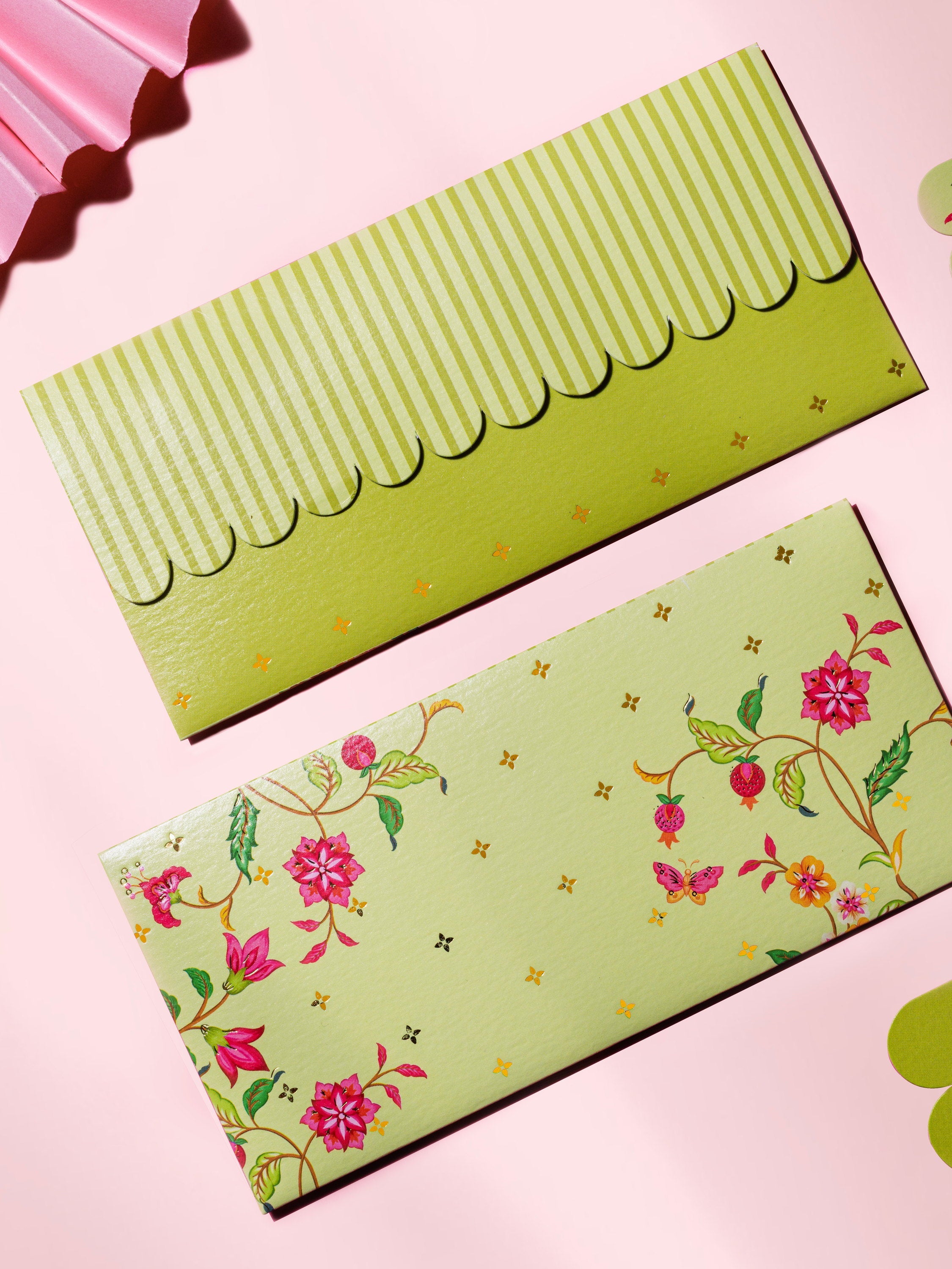 Summer Bloom money envelopes in lime green with pink floral print