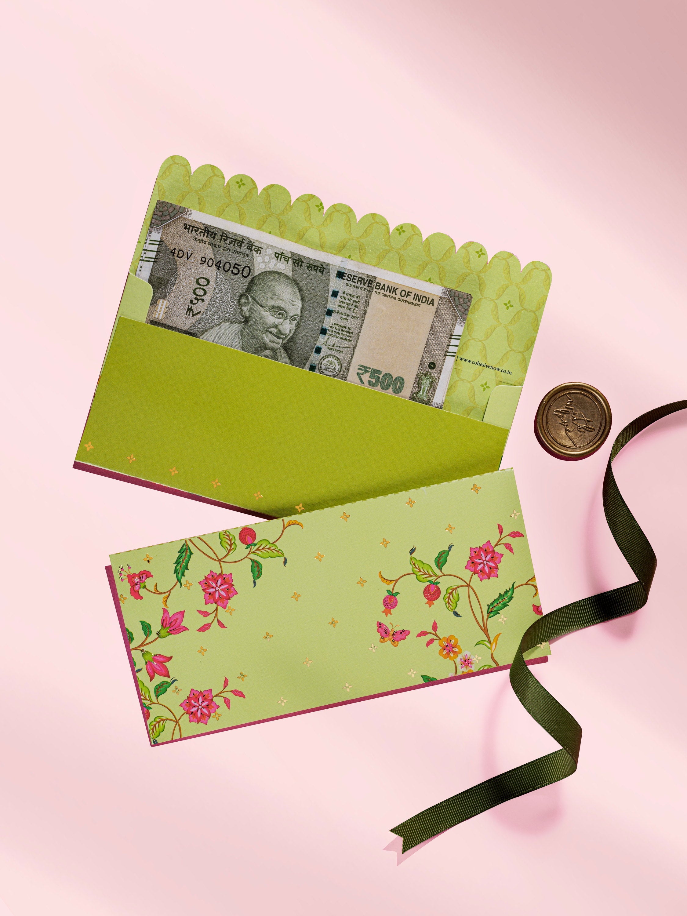 Summer Bloom money envelopes in lime green with pink floral print